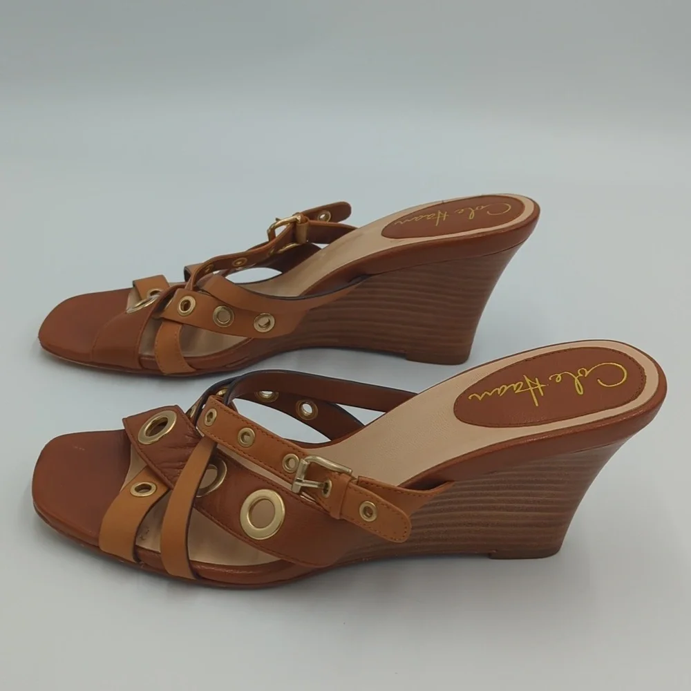 Cole Haan Whitney Wedge Leather Sandals 7.5B Brown Eyelet Strappy Slip On Women